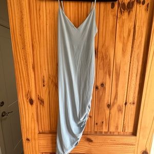 Light blue body con asymmetrical ruched dress